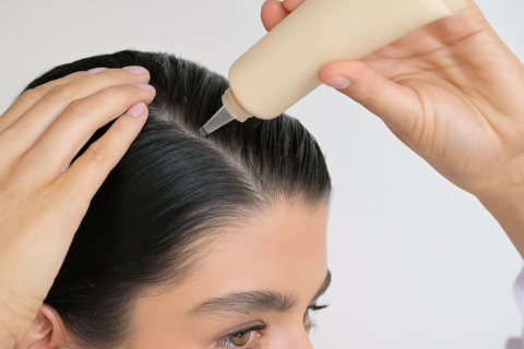Woman applying detox scalp serum with dropper